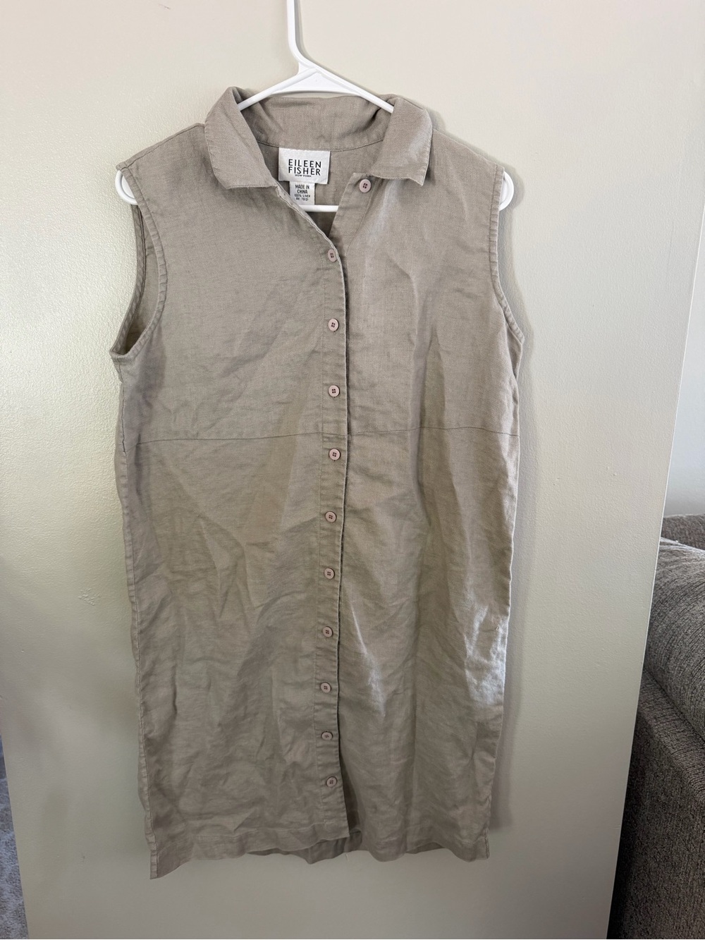 Eileen Fisher Sleeveless Linen Midi Shirt Dress collared tan oat size medium